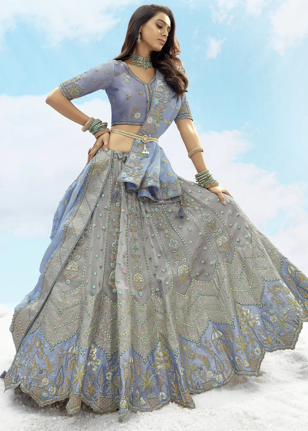 Grey Banarasi Silk Lehenga Choli