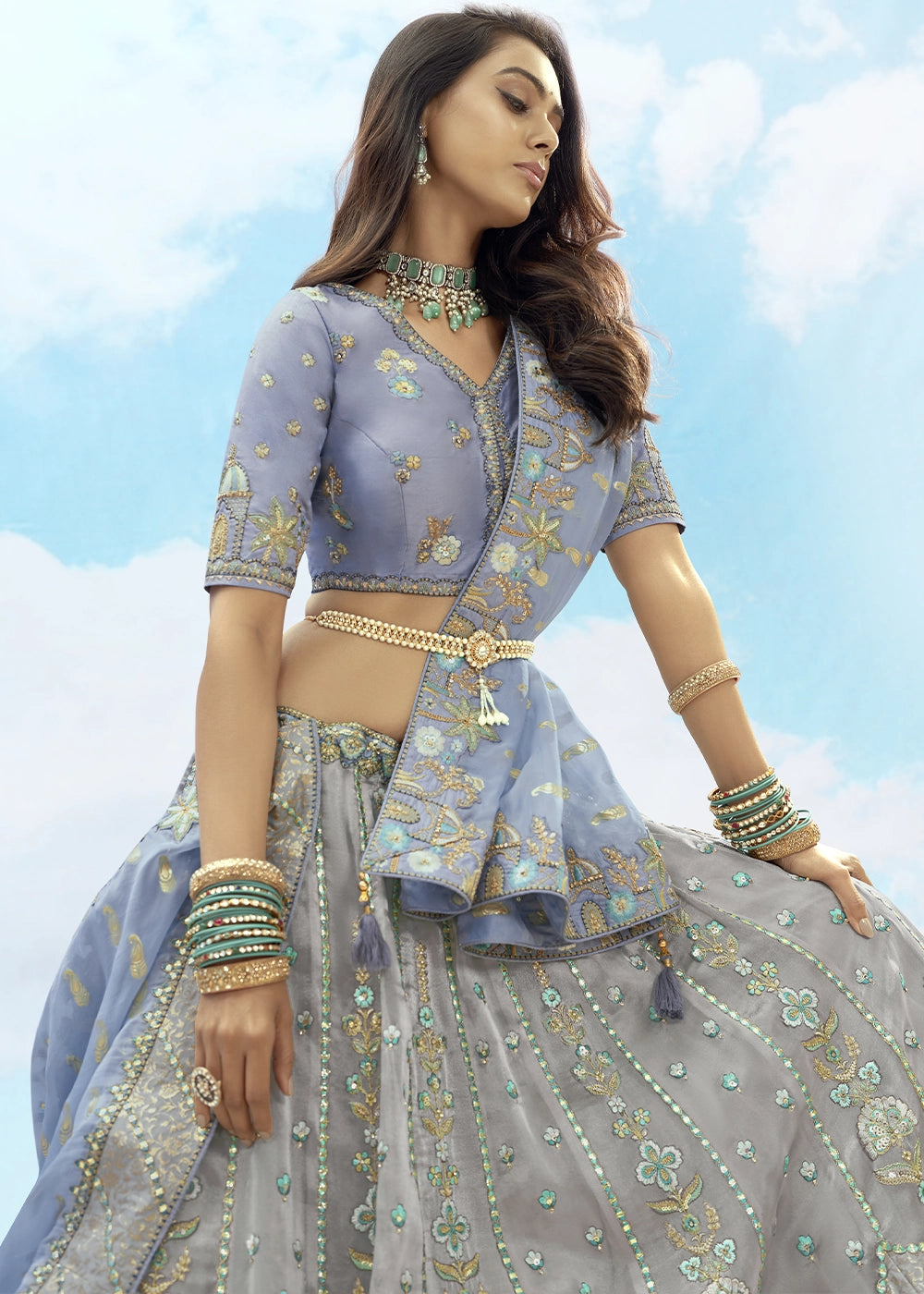 Grey Banarasi Silk Lehenga Choli