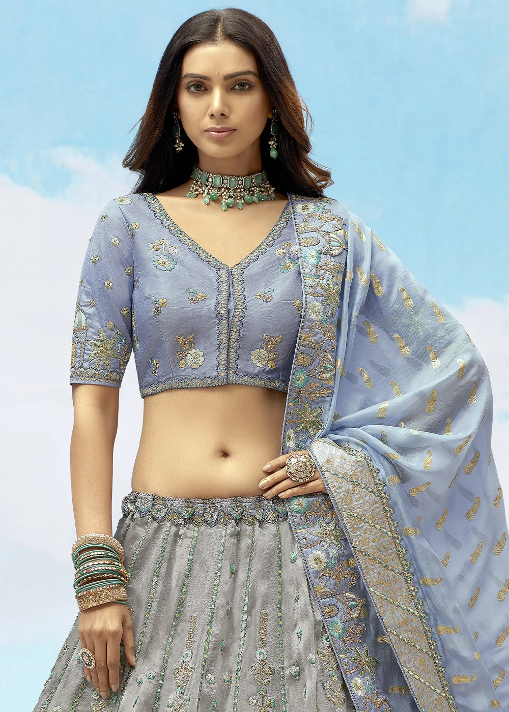 Grey Banarasi Silk Lehenga Choli
