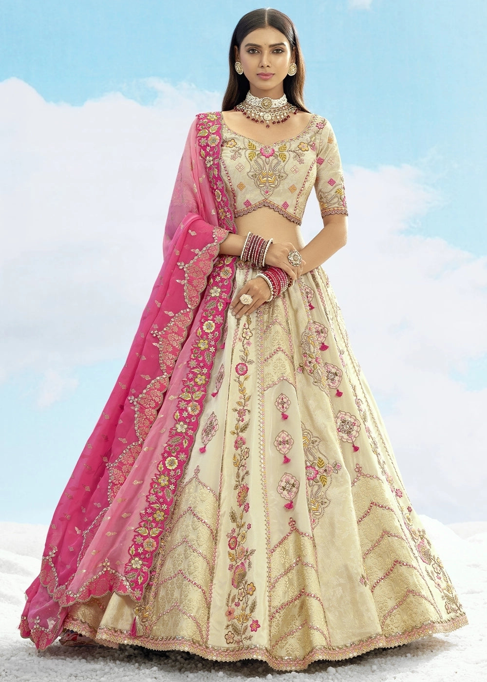 Cream and Pink Banarasi Silk Lehenga Choli