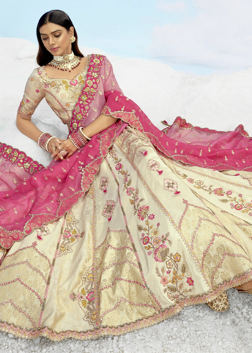 Cream and Pink Banarasi Silk Lehenga Choli
