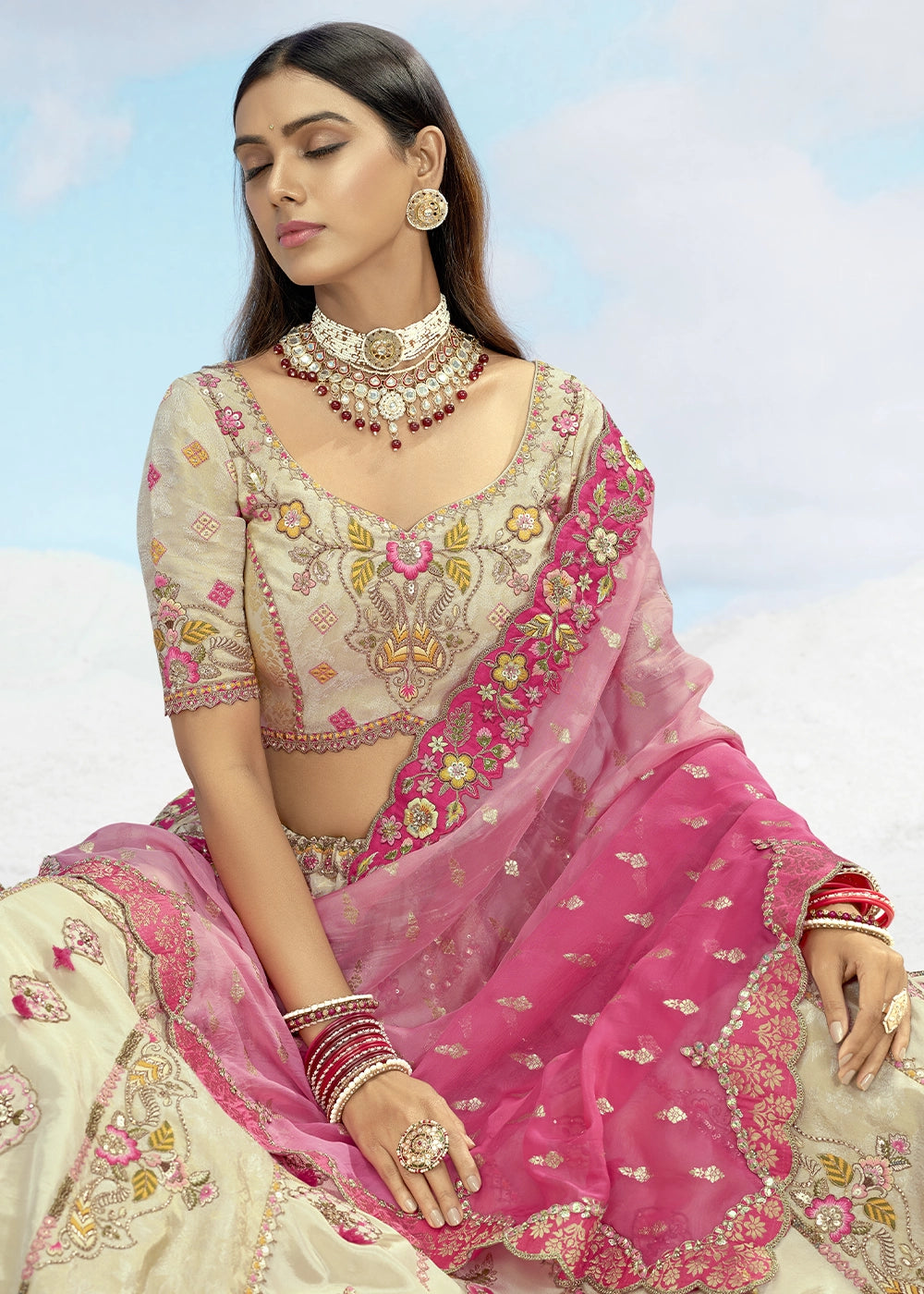 Cream and Pink Banarasi Silk Lehenga Choli