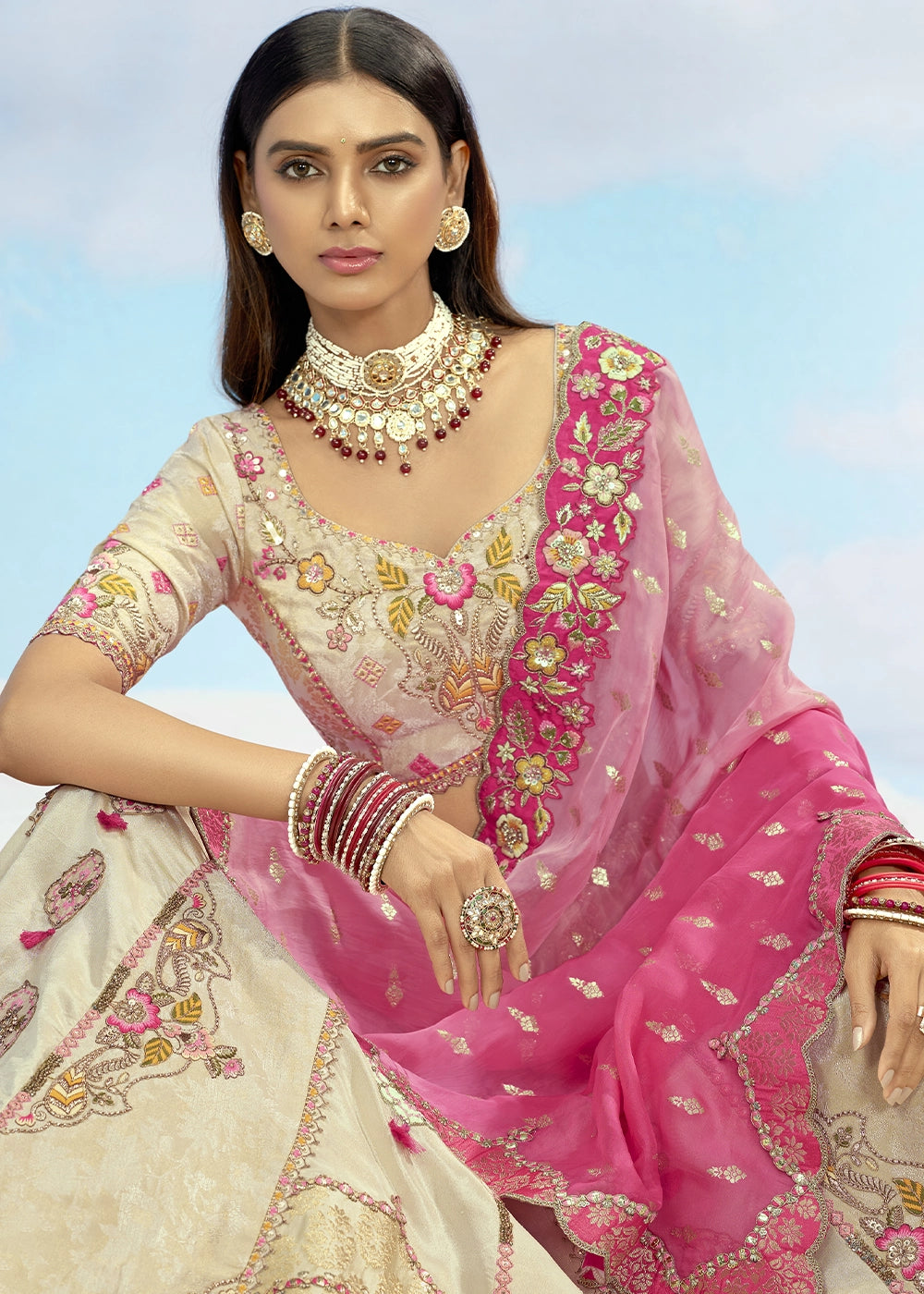Cream and Pink Banarasi Silk Lehenga Choli