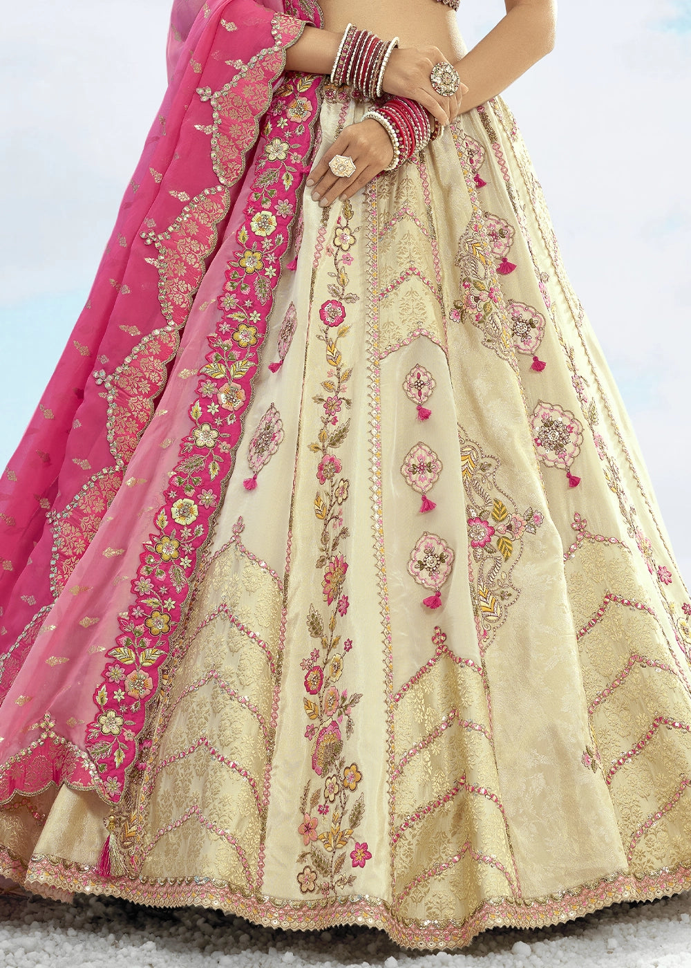 Cream and Pink Banarasi Silk Lehenga Choli
