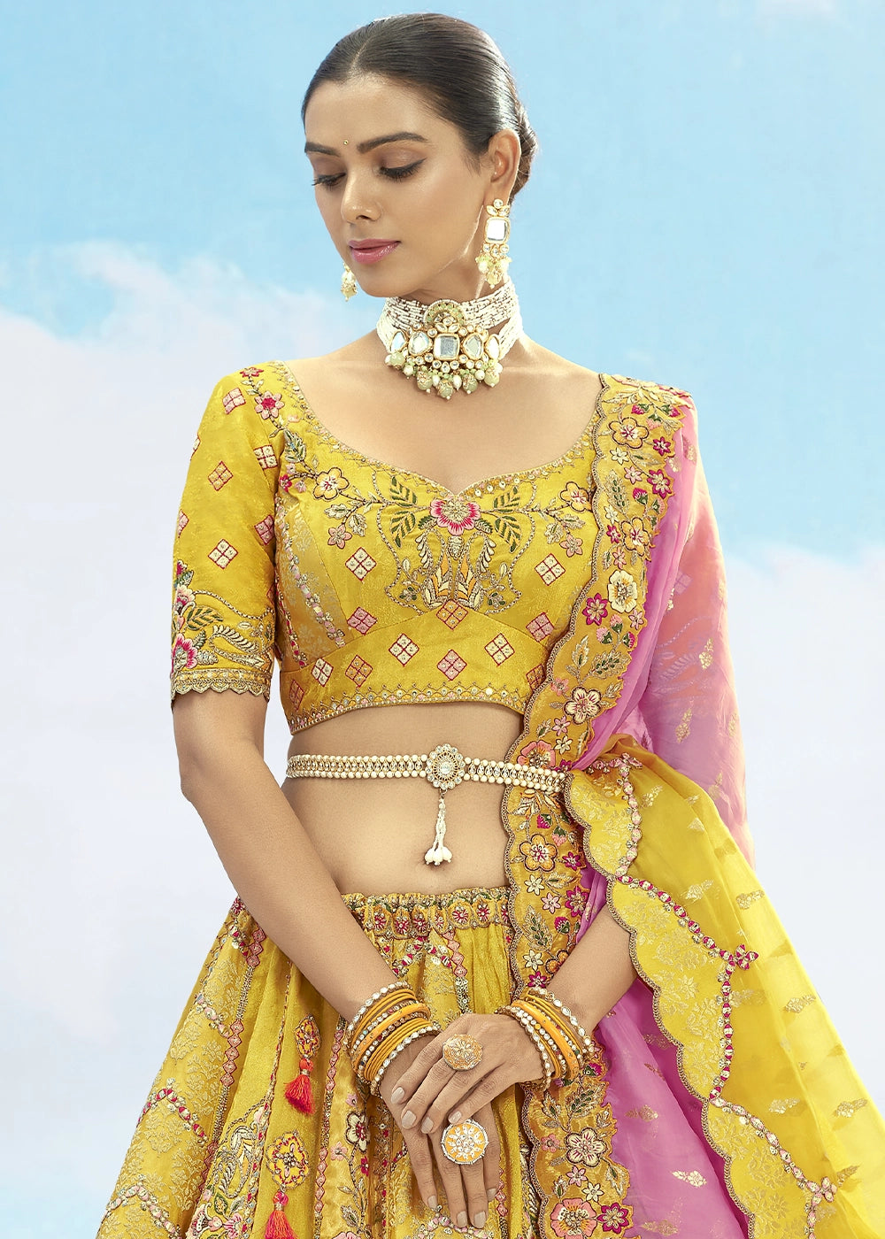 Yellow Banarasi Silk Lehenga Choli