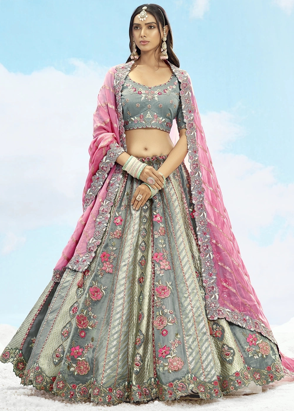 Grey and Pink Banarasi Silk Lehenga Choli
