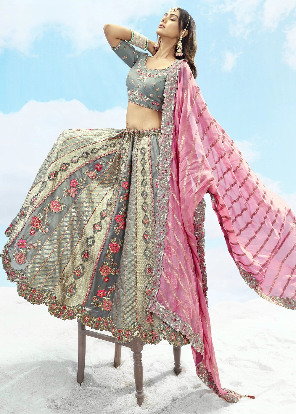 Grey and Pink Banarasi Silk Lehenga Choli