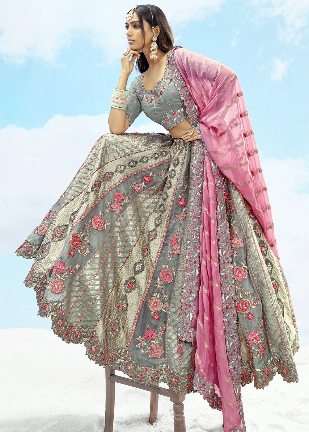 Grey and Pink Banarasi Silk Lehenga Choli
