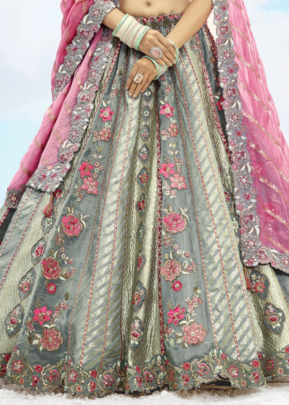 Grey and Pink Banarasi Silk Lehenga Choli