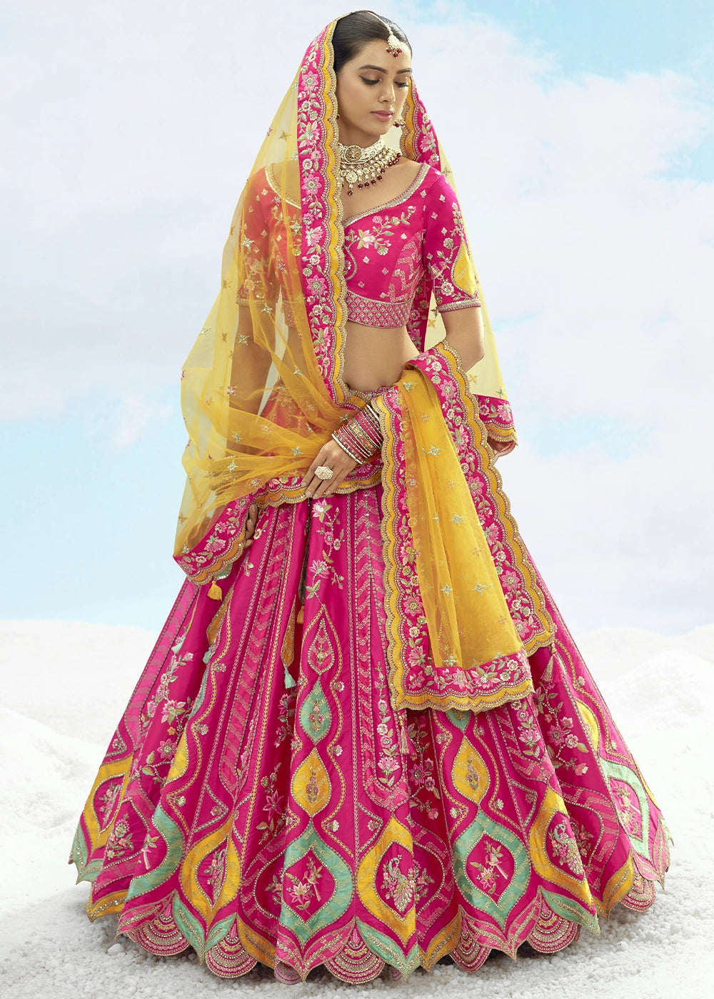Hot Pink and Yellow Banarasi Silk Lehenga Choli