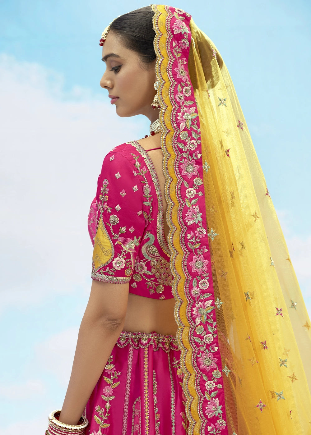 Hot Pink and Yellow Banarasi Silk Lehenga Choli