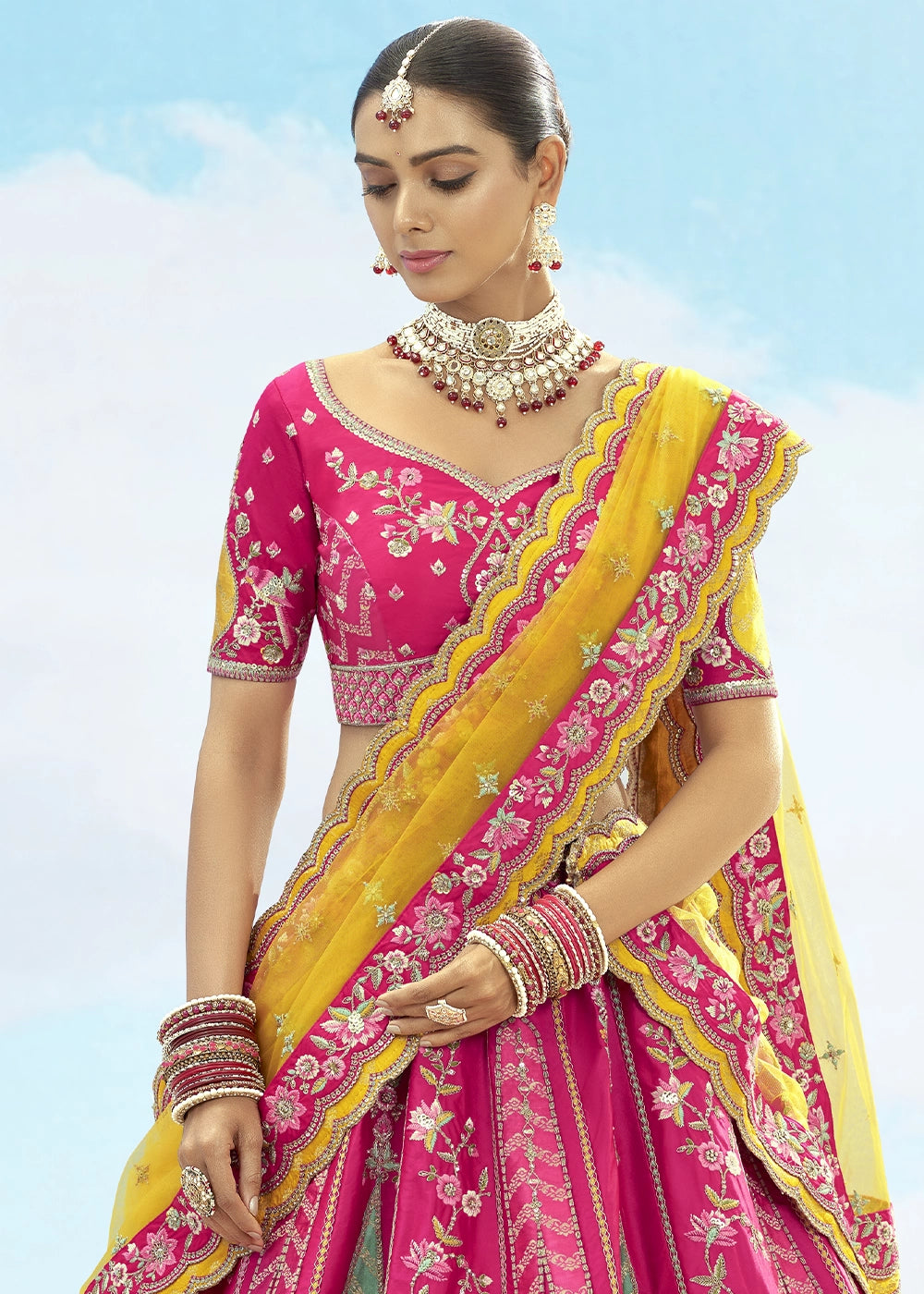 Hot Pink and Yellow Banarasi Silk Lehenga Choli
