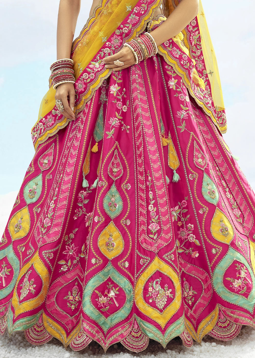 Hot Pink and Yellow Banarasi Silk Lehenga Choli