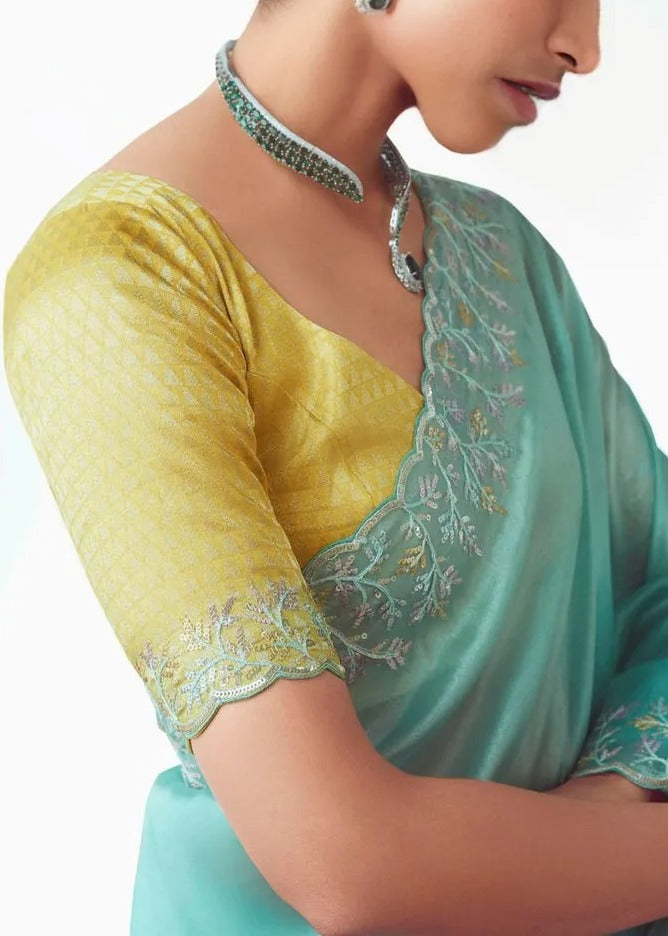 Pastel Blue Organza Tissue Silk Embroidered Saree with Yellow Banarasi Blouse