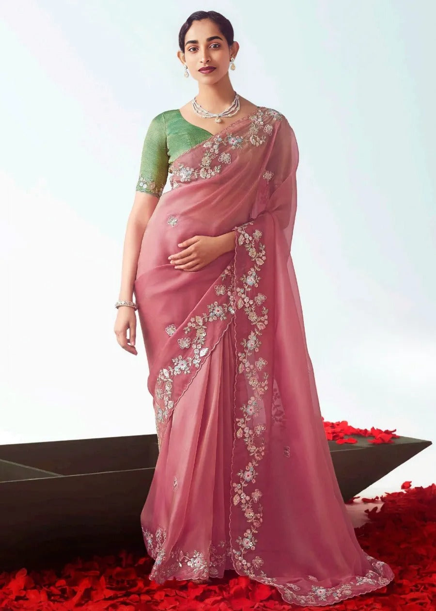 Rose Pink Organza Tissue Silk Embroidered Saree with Green Banarasi Blouse