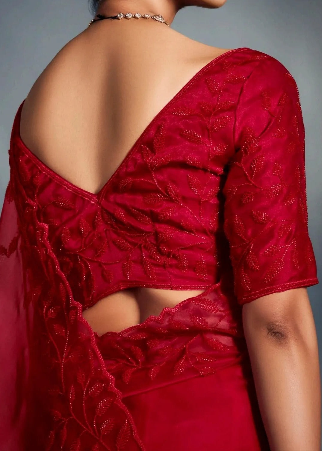 Red Organza Tissue Silk Bead Work Hand Embroidered Bridal Saree