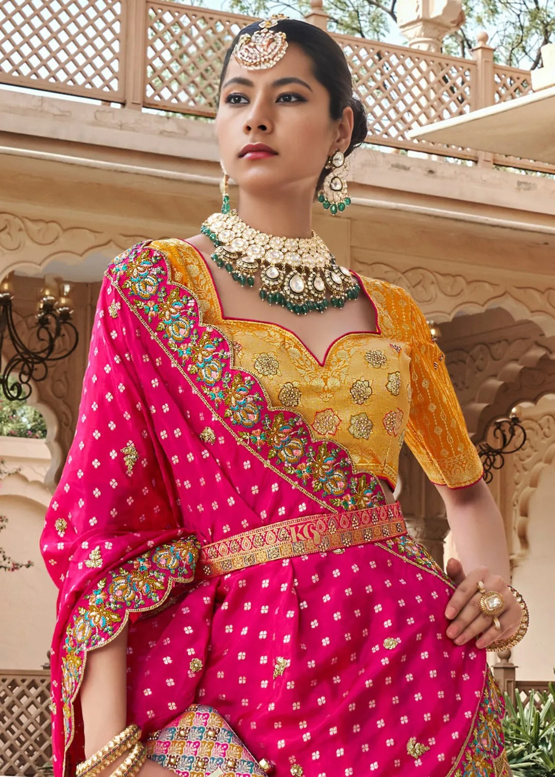 Multicolor Banarasi Silk Lehenga & Yellow Embroidered Choli
