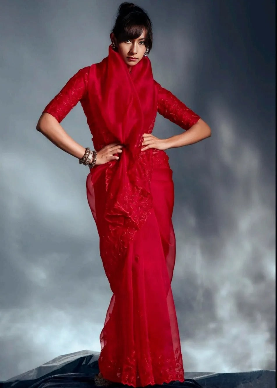 Red Organza Tissue Silk Bead Work Hand Embroidered Bridal Saree