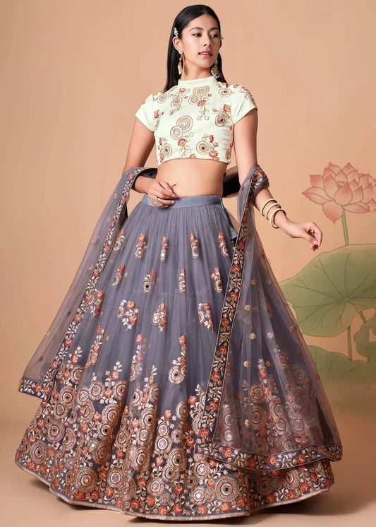 Grey & Off White Designer Bridal Lehenga Choli