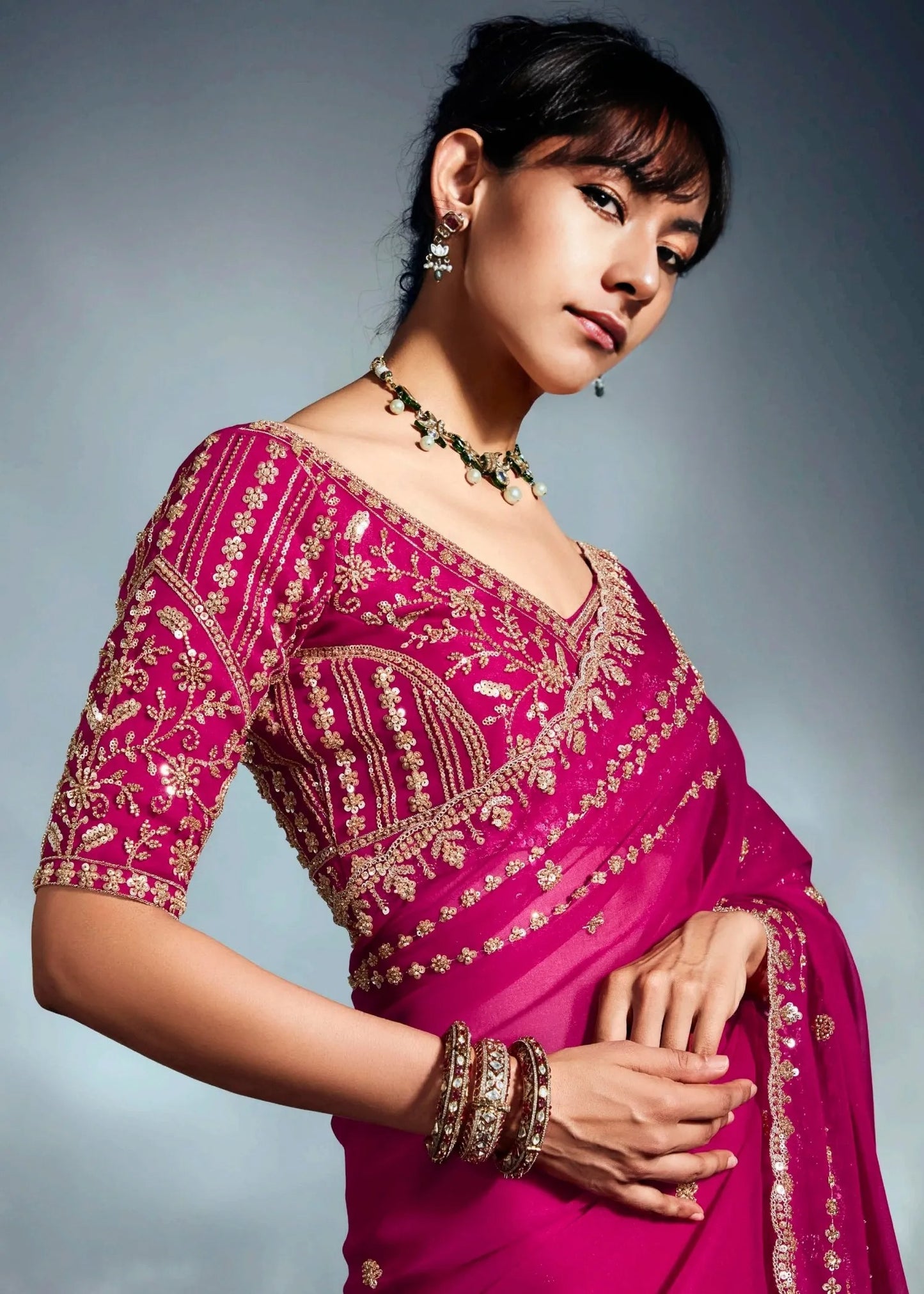 Hot Pink Tissue Silk Hand Embroidered Bridal Saree