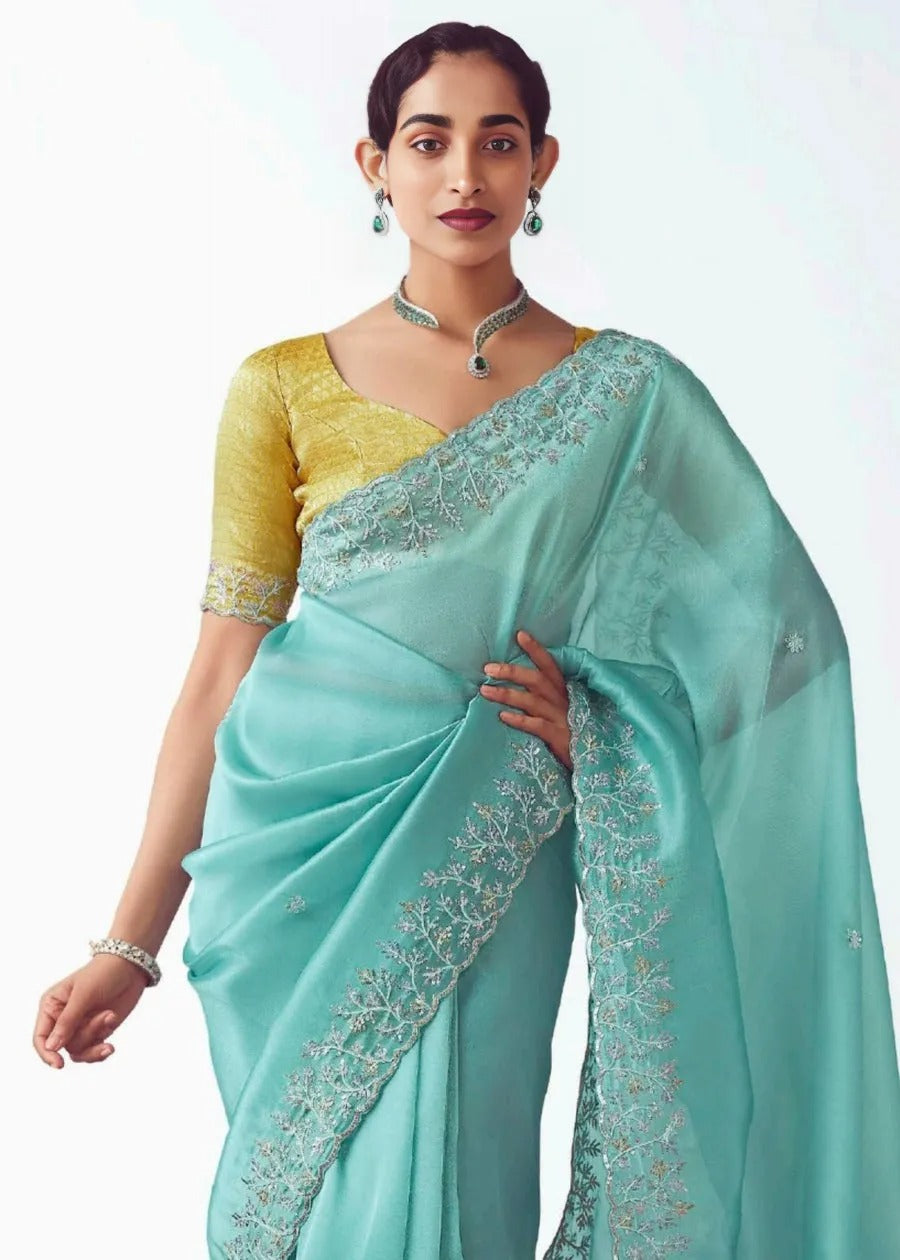 Pastel Blue Organza Tissue Silk Embroidered Saree with Yellow Banarasi Blouse
