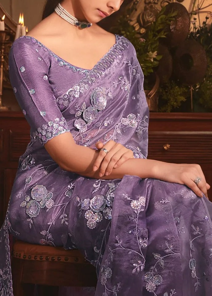 Royal Purple Organza Tissue Silk Saree With Embroidery Work