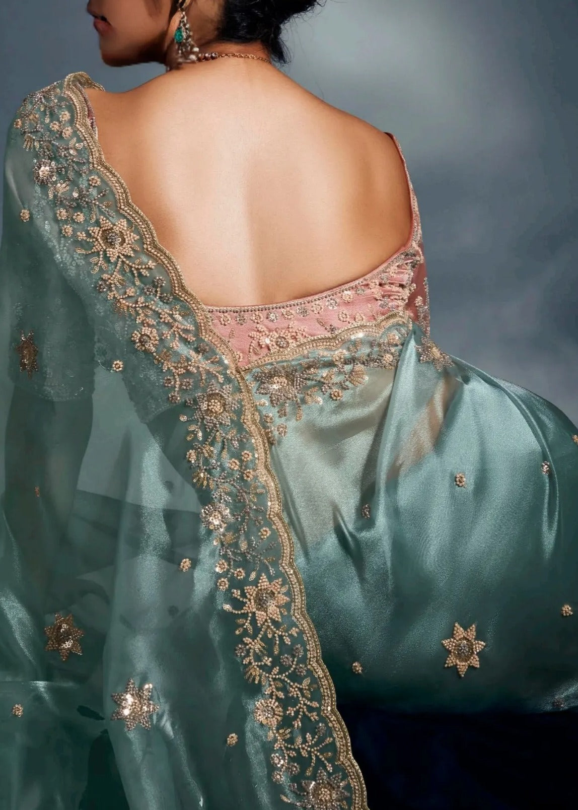 Pastel Blue Tissue Silk Embroidered Saree with Contrast Pastel Pink Blouse