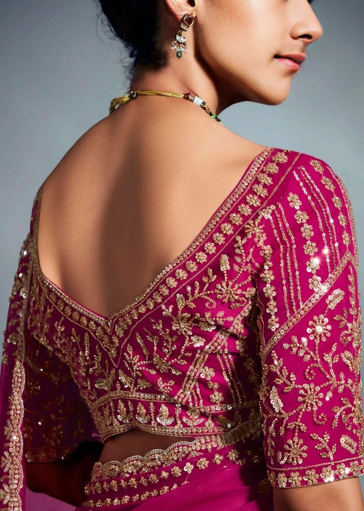 Hot Pink Tissue Silk Hand Embroidered Bridal Saree