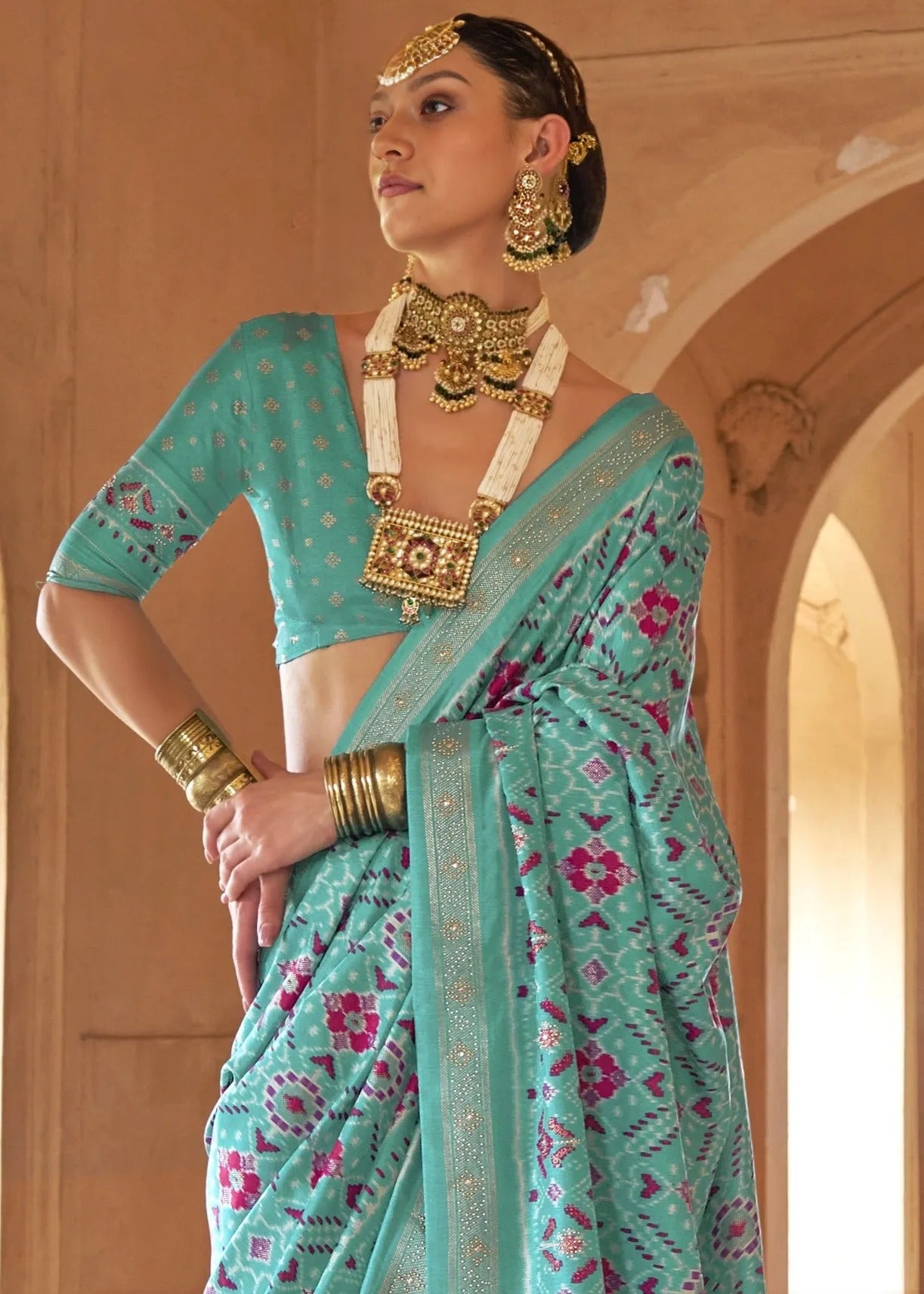 Traditional Design Pastel Blue Patola Silk Saree