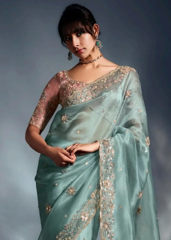 Pastel Blue Tissue Silk Embroidered Saree with Contrast Pastel Pink Blouse