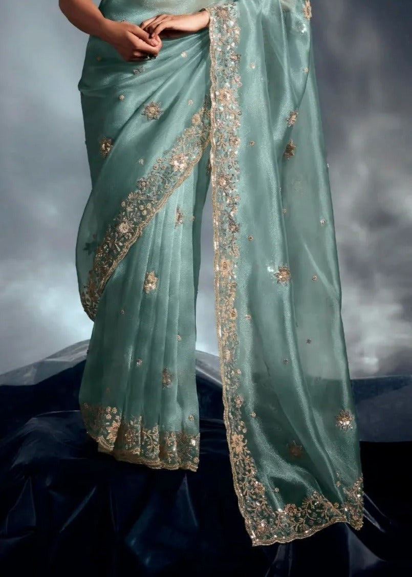 Pastel Blue Tissue Silk Embroidered Saree with Contrast Pastel Pink Blouse