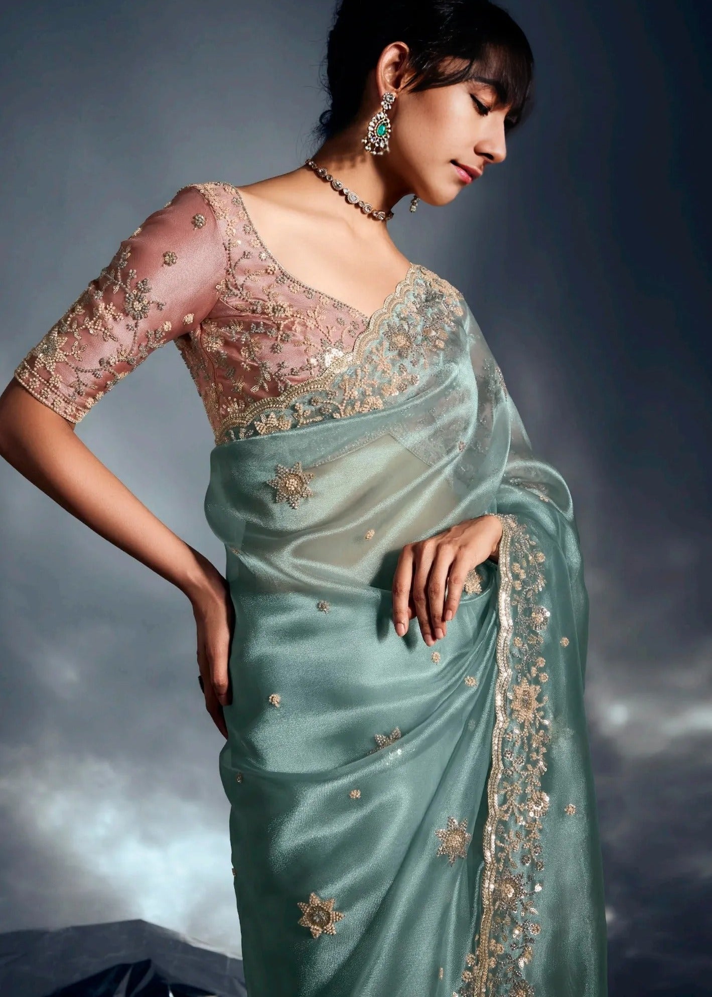 Pastel Blue Tissue Silk Embroidered Saree with Contrast Pastel Pink Blouse