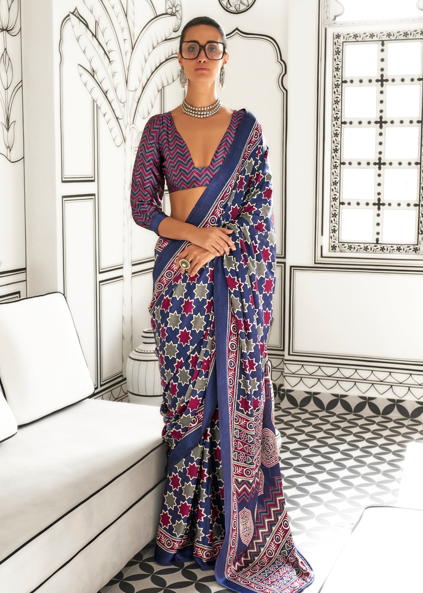 Ajrakh Handblock Print Crepe Silk Blue Saree USA Online Shopping  Sunasa