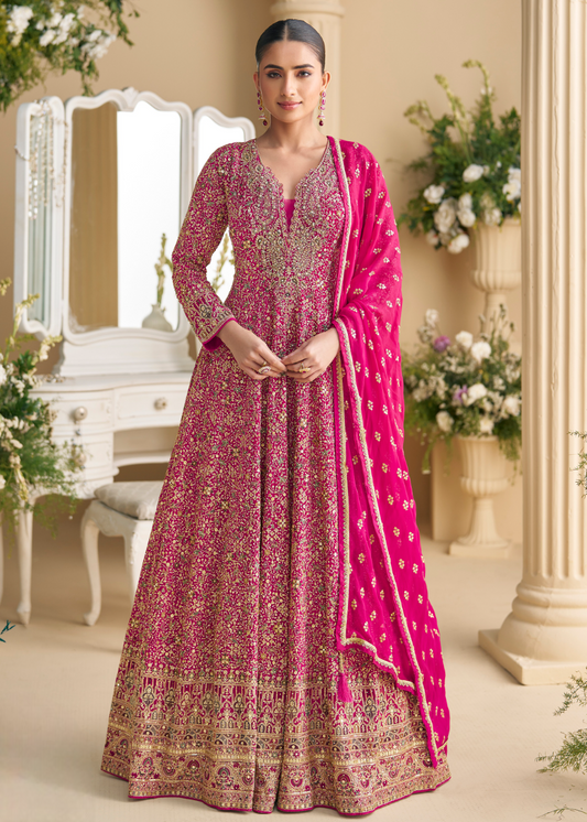 Ruby pinkish red readymade anarkali georgette gown suit set in usa via online shopping for wedding, reception, engagement & festive wear.