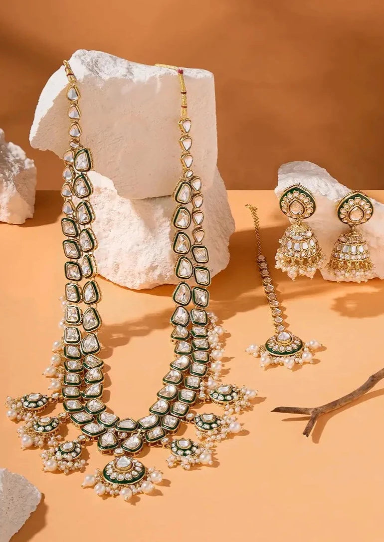 Shop Green Kundan Polki Necklace Set With Earrings Tikka Online