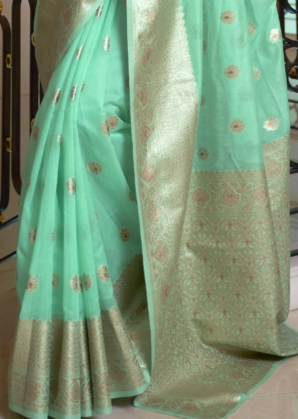 Banarasi cotton silk handloom mint green zari saree design online.