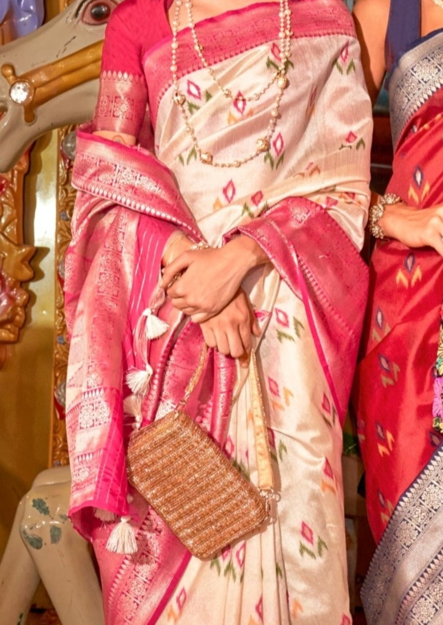 Banarasi cotton silk handloom patola off white saree online shopping.