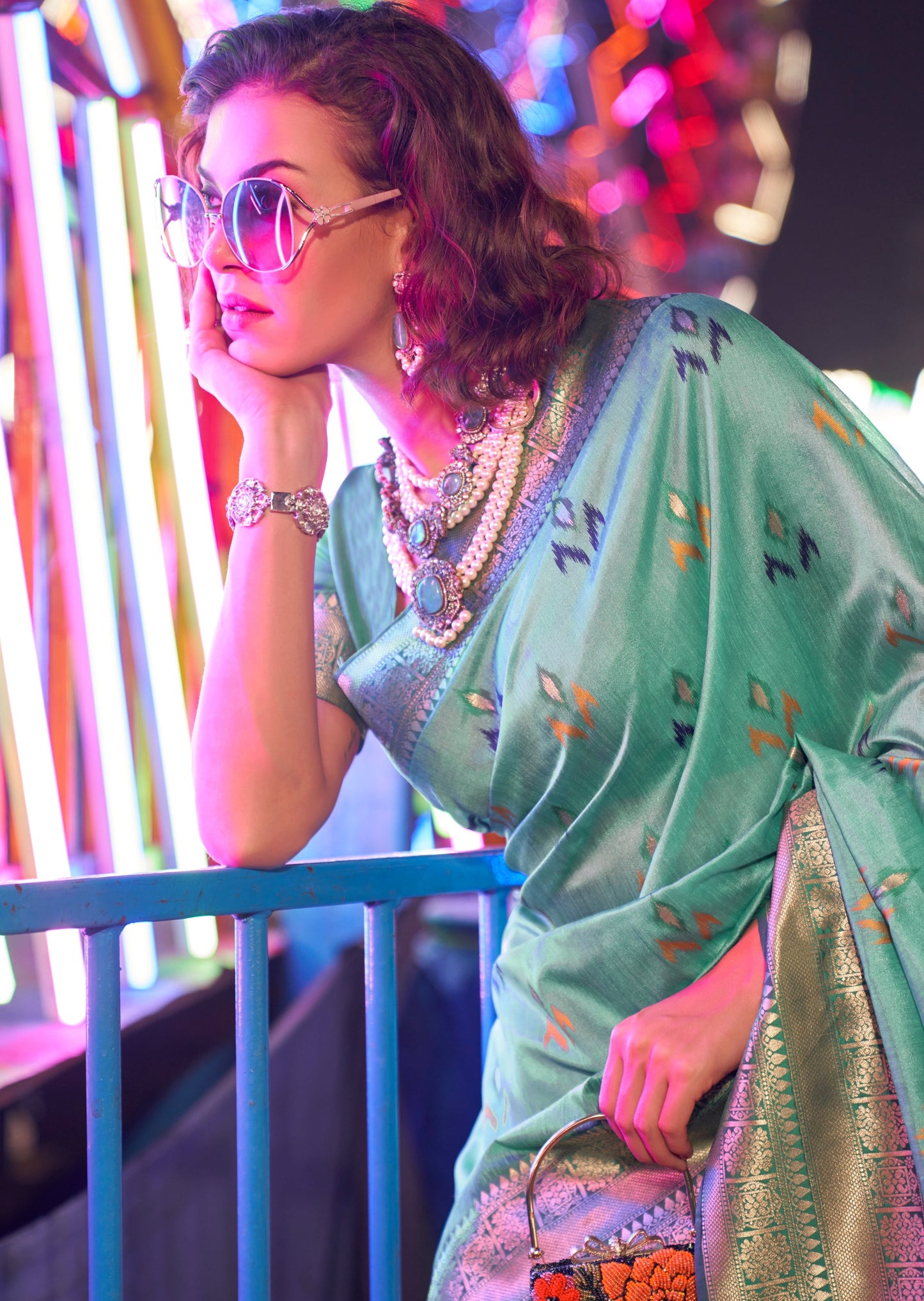 Banarasi cotton silk handloom patola sea green bridal saree.