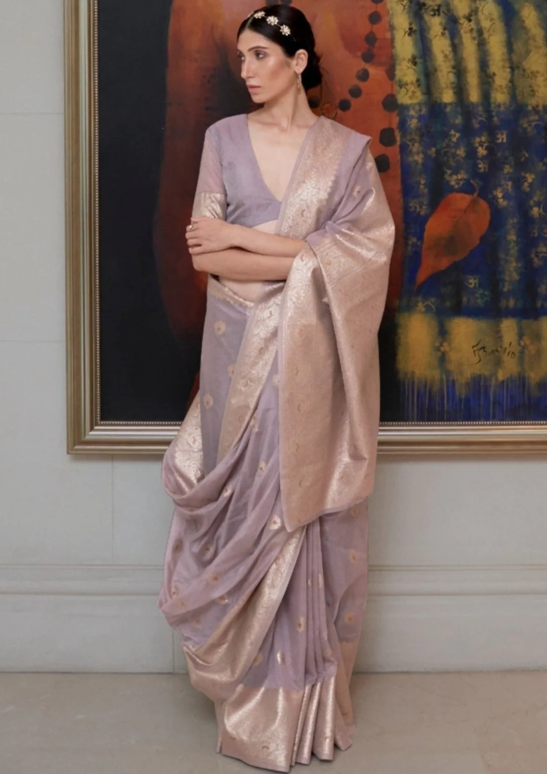 Banarasi cotton handloom lavender purple zari saree blouse online.