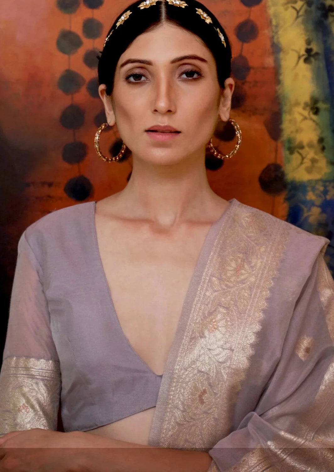 Banarasi cotton lavender purple handloom zari saree blouse look.