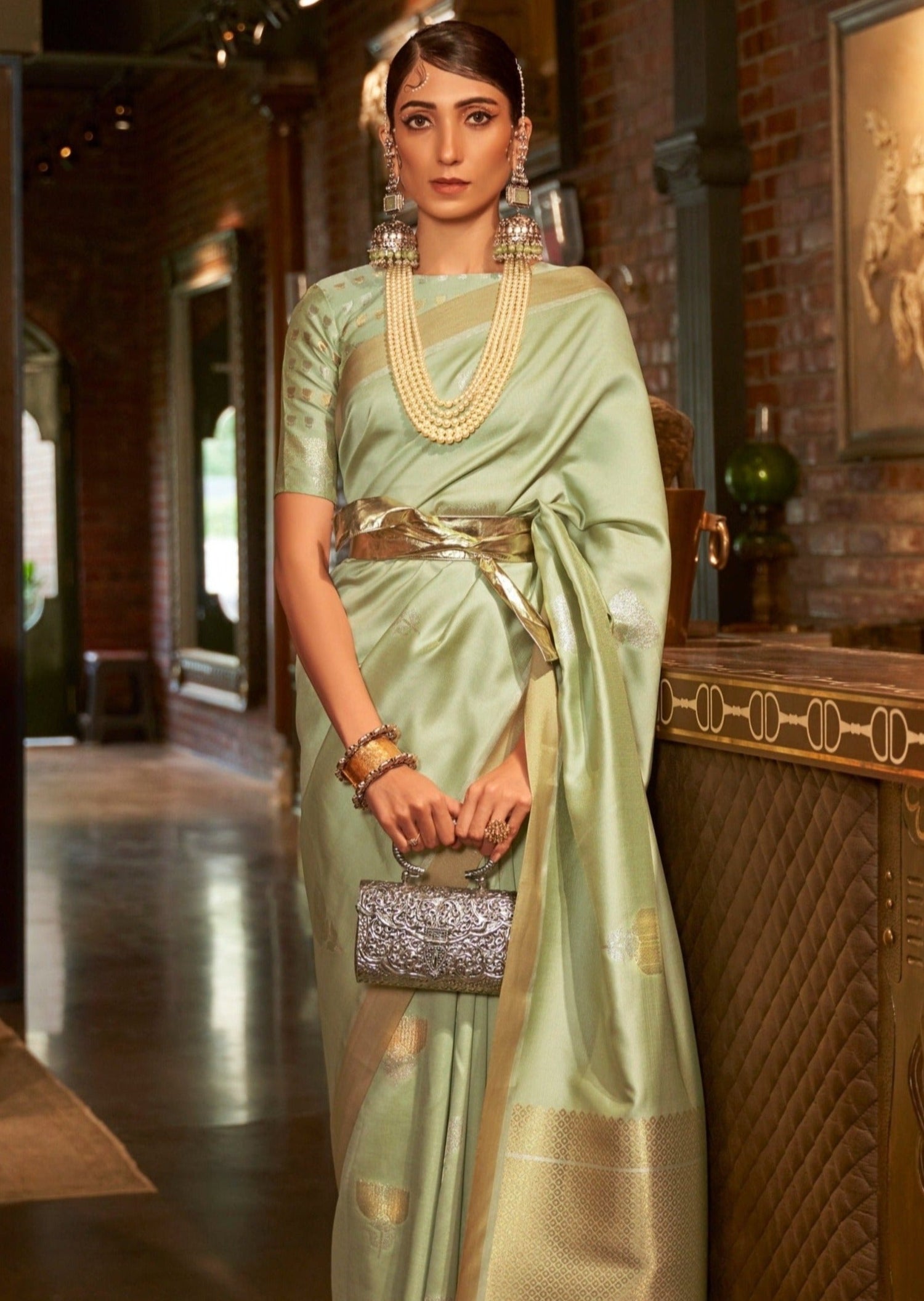 Pure banarasi handloom katan silk pista green saree online in usa for wedding.