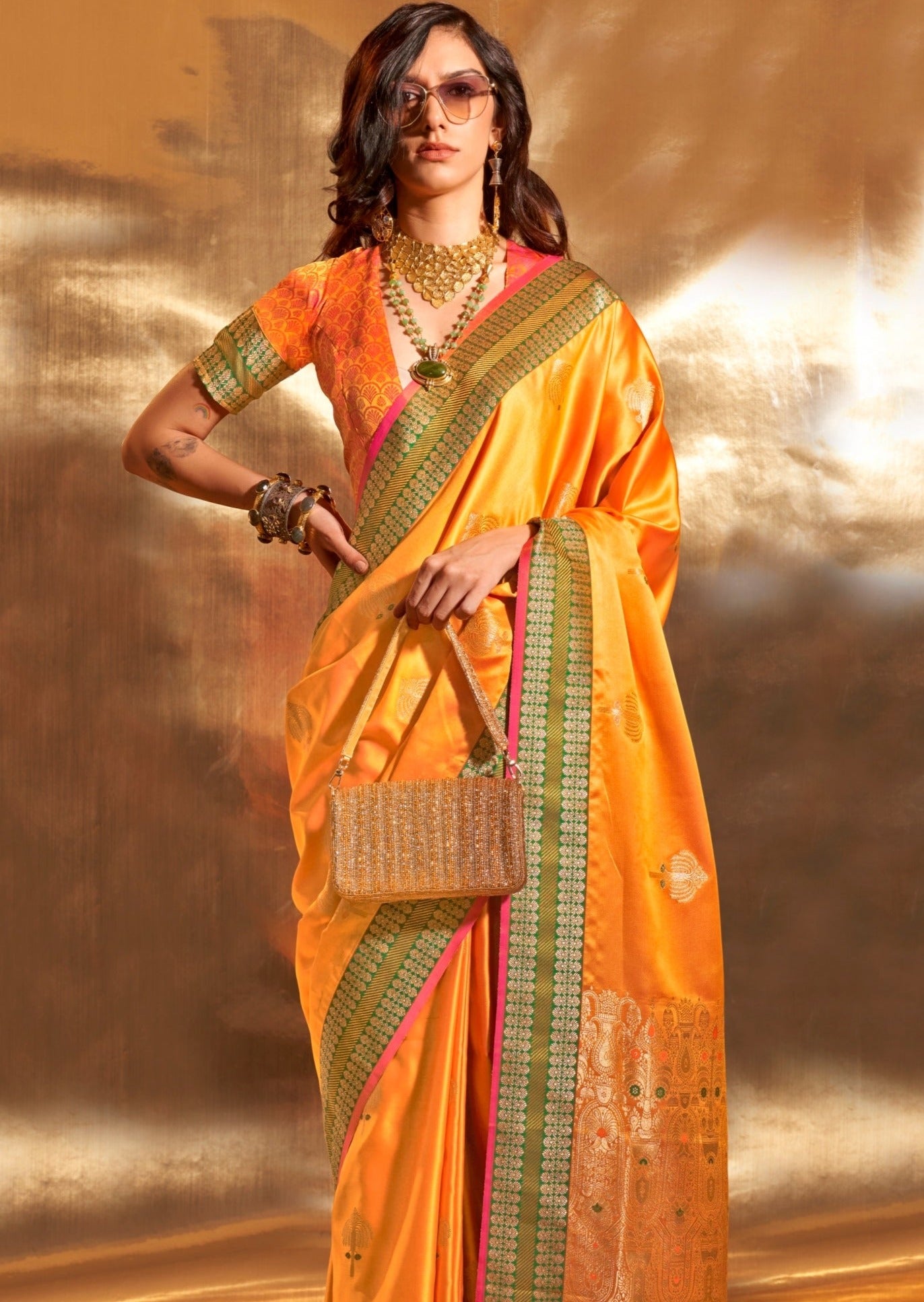Banarasi handloom satin silk yellow saree online shopping with price for summer wedding & haldi.