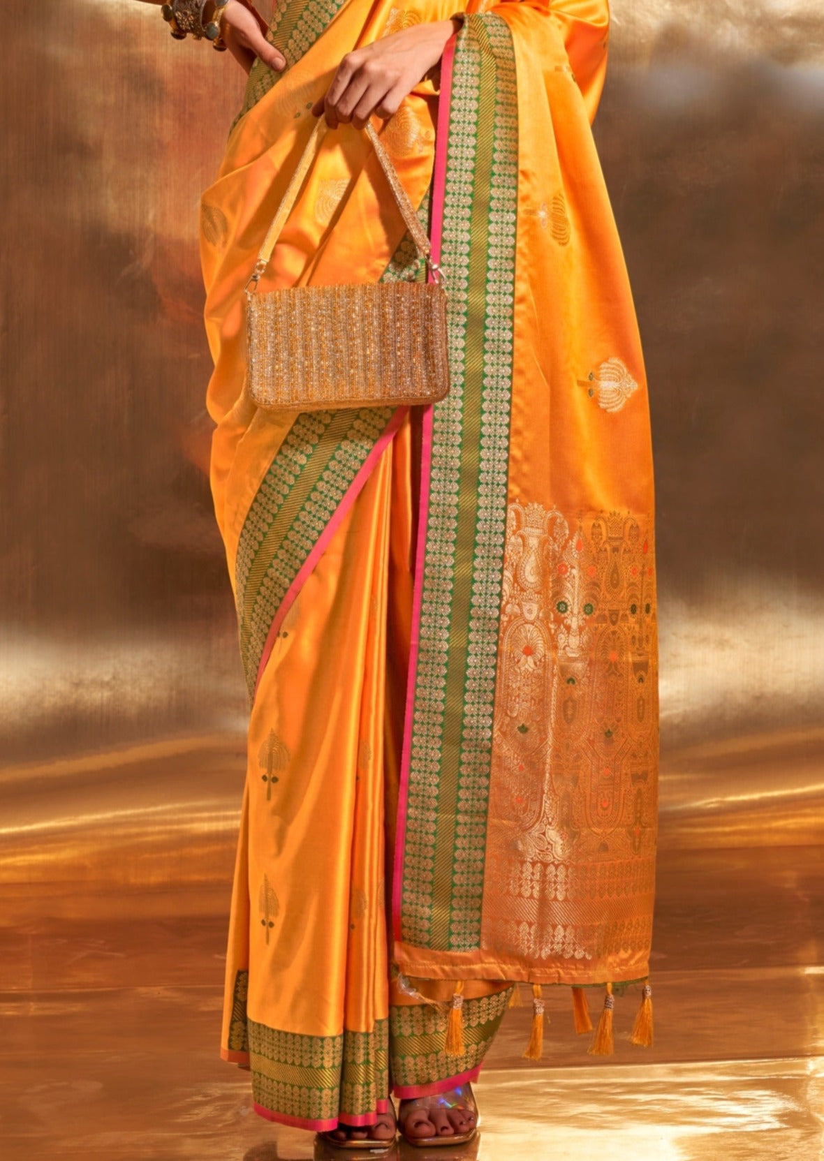 Banarasi katan satin silk saree in yellow color online shopping for wedding.