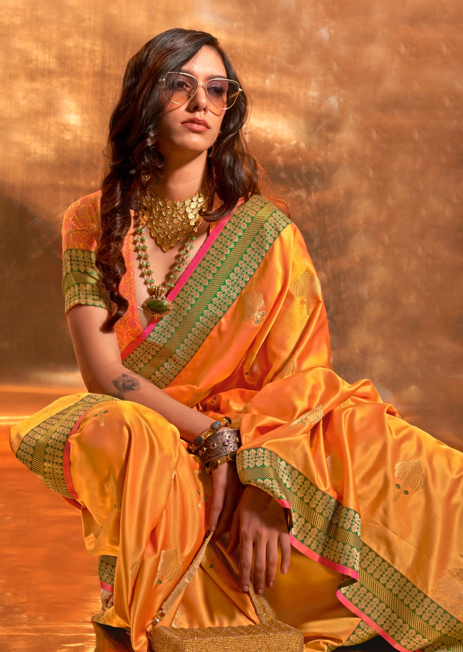 Pure handloom banarasi katan satin silk yellow saree online shopping for haldi.