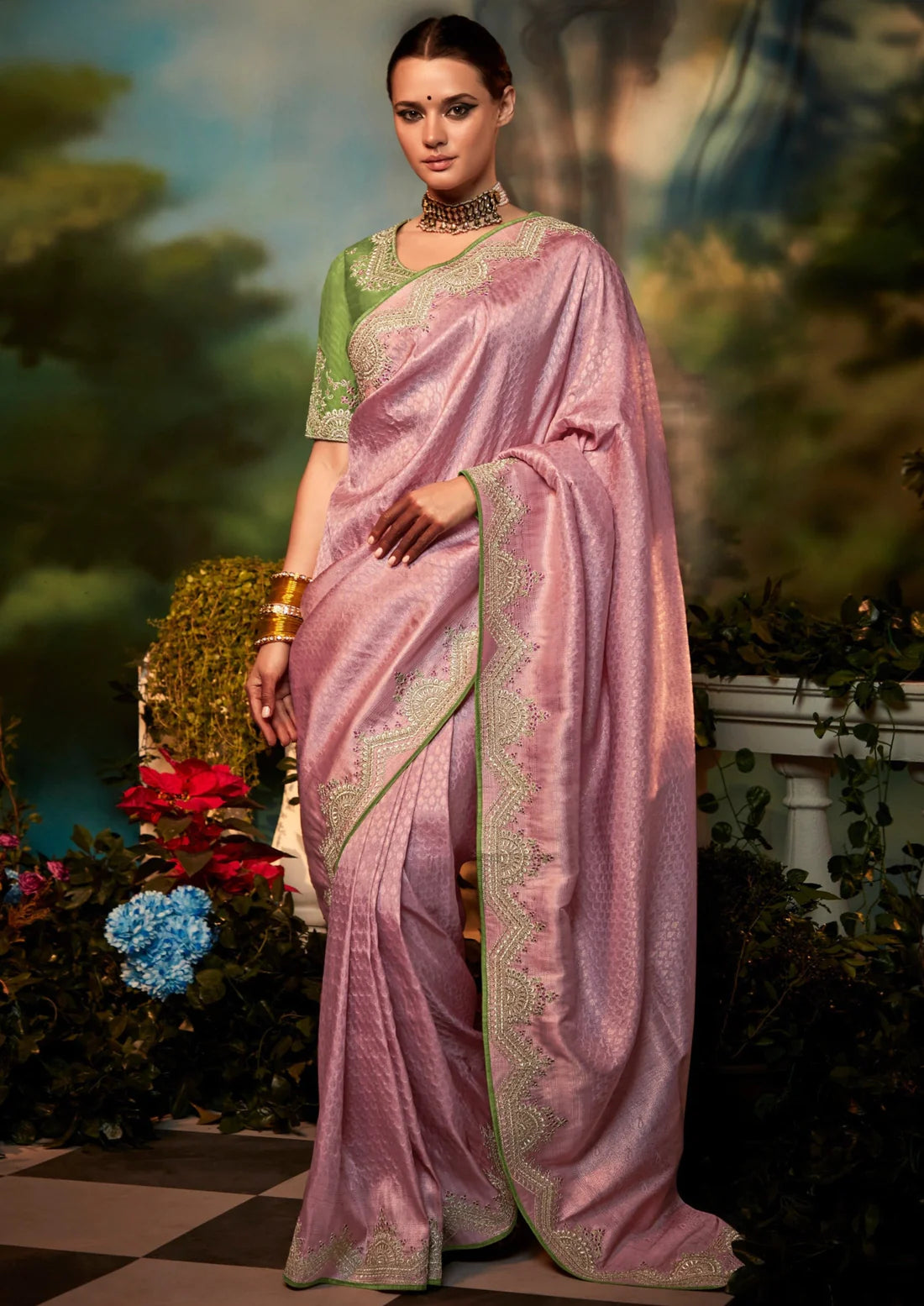 Baby pink saree contrast best sale blouse