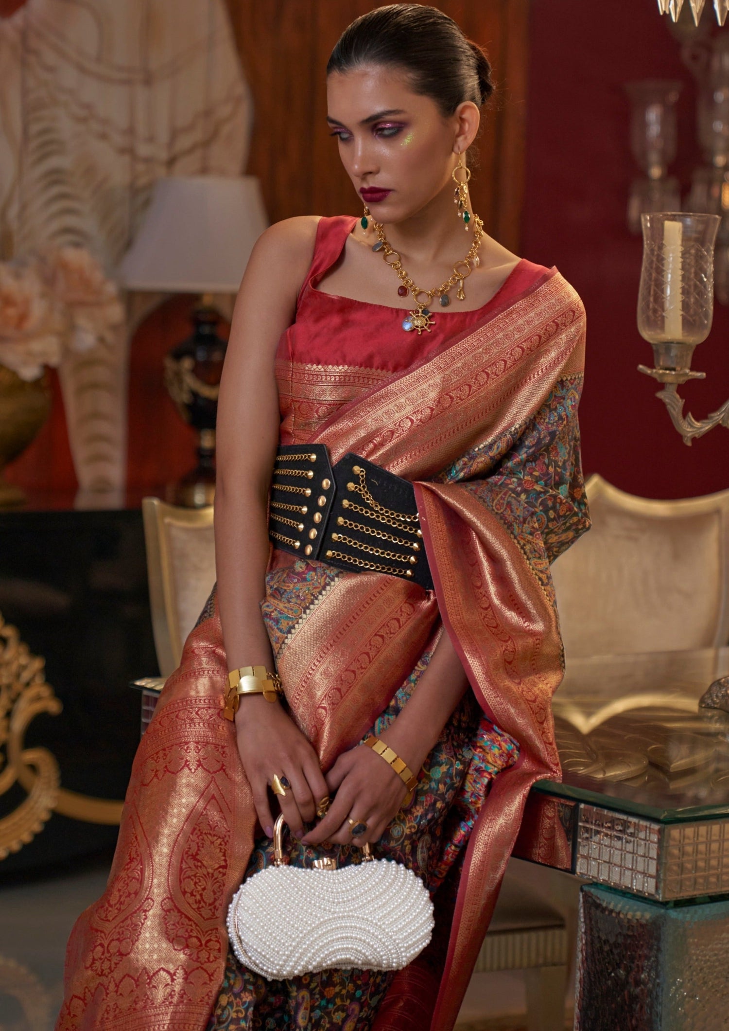 Bride in banarasi pashmina kashmiri jamawar black saree blouse online shopping.