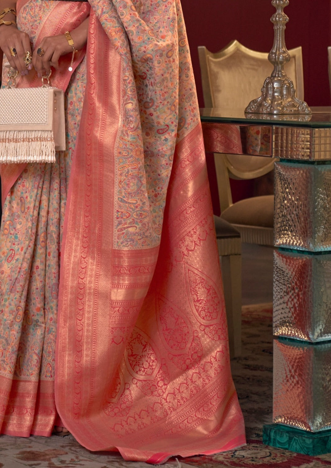 Peach handloom kashmiri pashmina silk saree online pallu design.