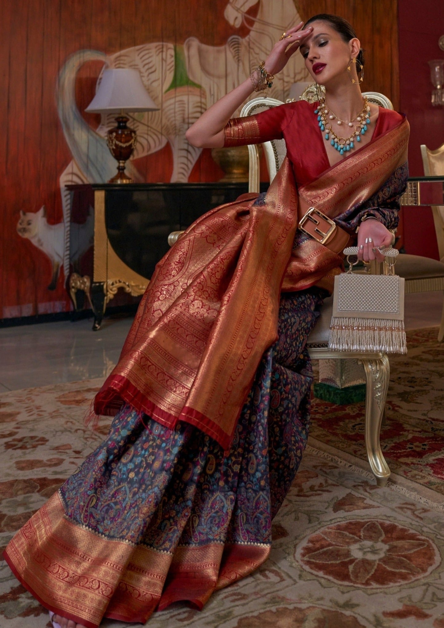 Bride in royal navy blue handloom kashmiri banarasi saree blouse.