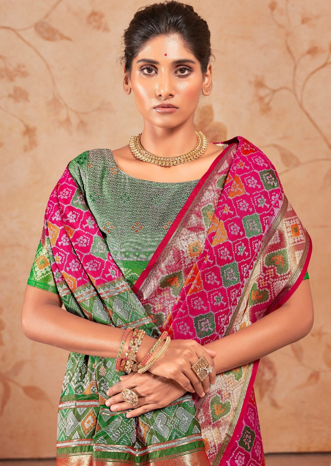 Banarasi patola handloom silk ruby pink bridal saree usa online shopping with green blouse.