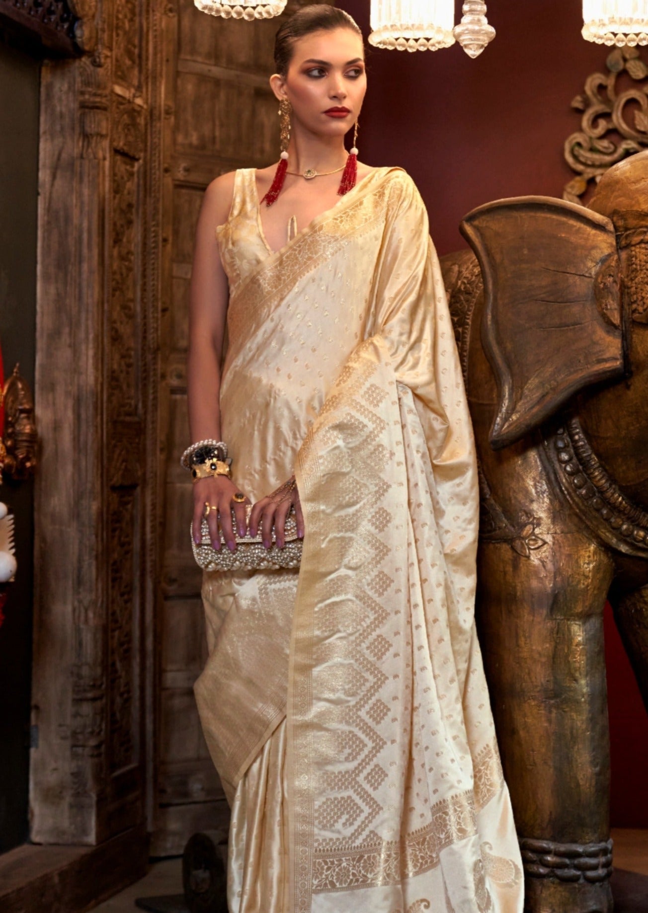 Handloom Banarasi Satin Silk Cream Saree